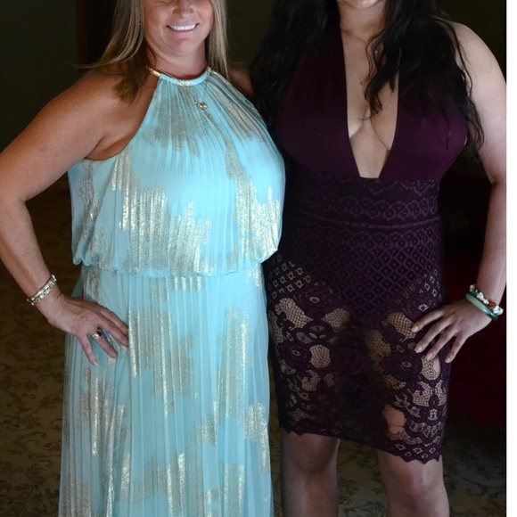 MSK Women's Gold Chain Halter Neck Maxi Woven Pleated Dress - Picture 3 of 15